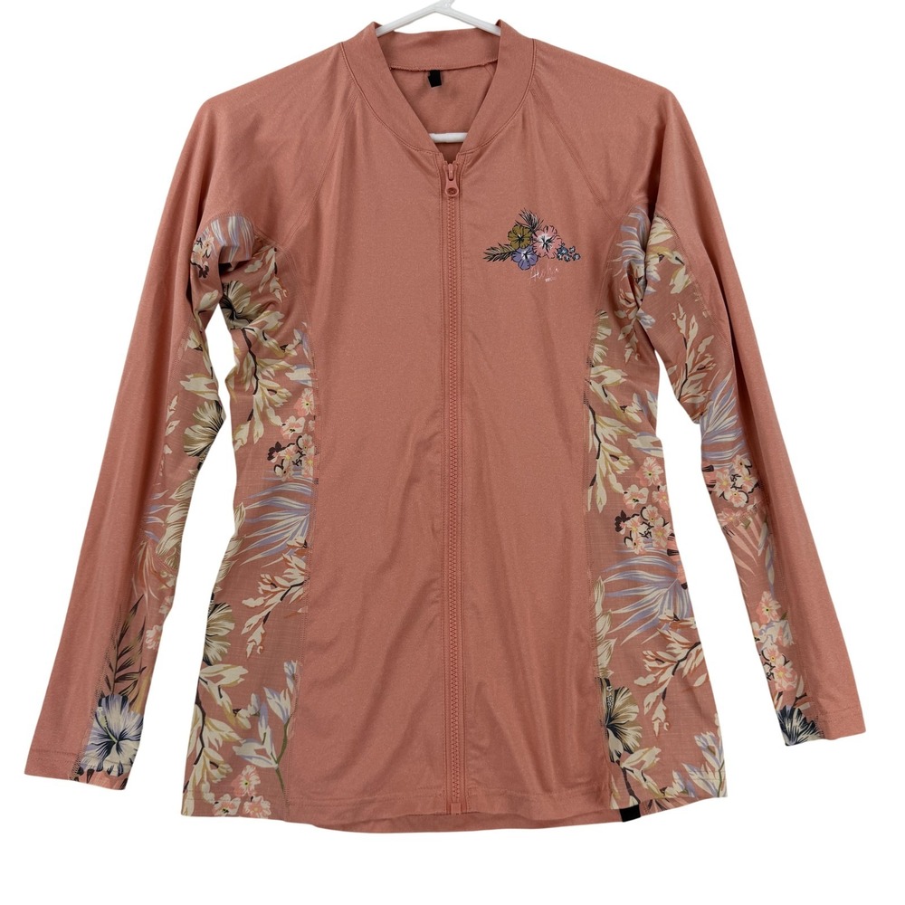 Rip Curl Rash Guard Shirt Womens Large Pink Floral Full Zip Long Sleeve UPF 50+